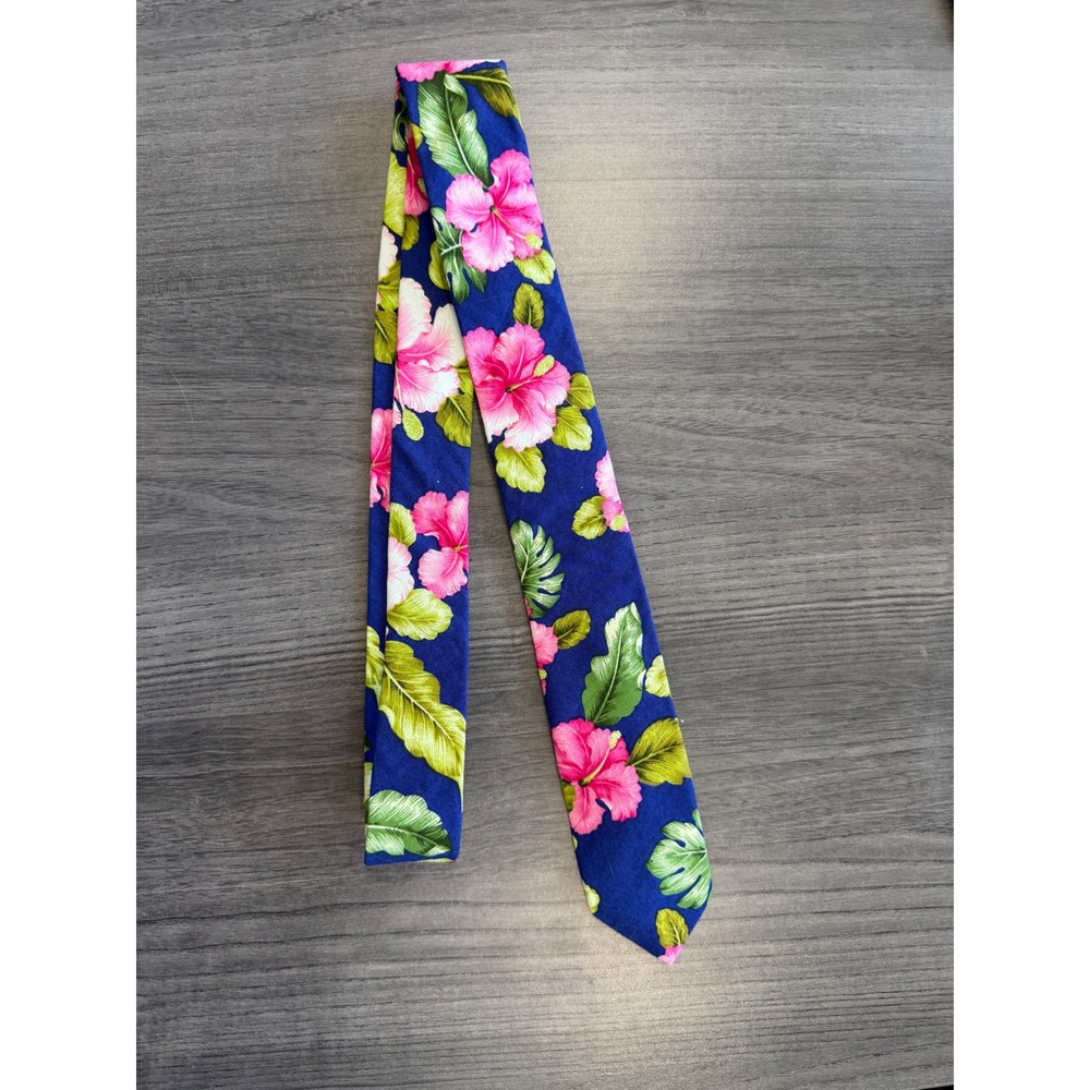 Original Penguin Cotton Tie Blue Pink Hibiscus Floral Y2K Aloha Tropical